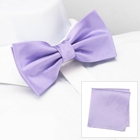 Plain Lilac Silk Bow Tie & Handkerchief Set