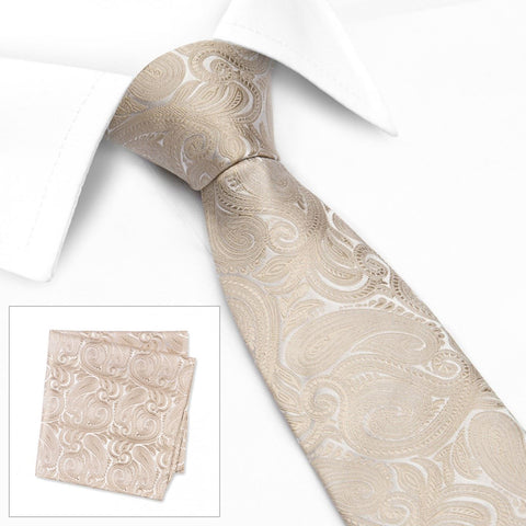 Pastel Beige Paisley Woven Silk Tie & Handkerchief Set