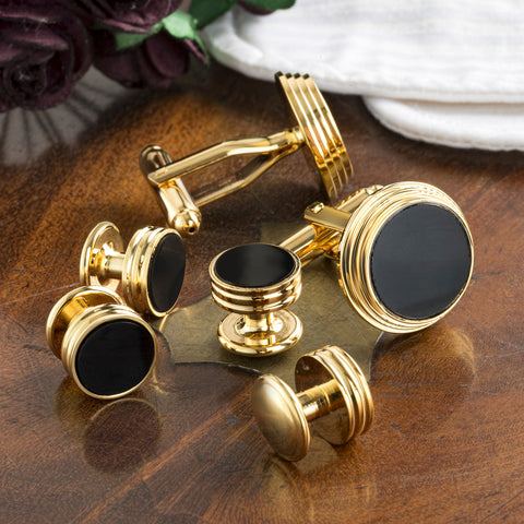 Gold Plated Onyx Cufflinks and Dress Studs Set