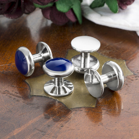 Silver & Navy Enamel Cufflinks and Dress Studs Set