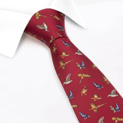 Wine Printed Game Bird Luxury Silk Tie