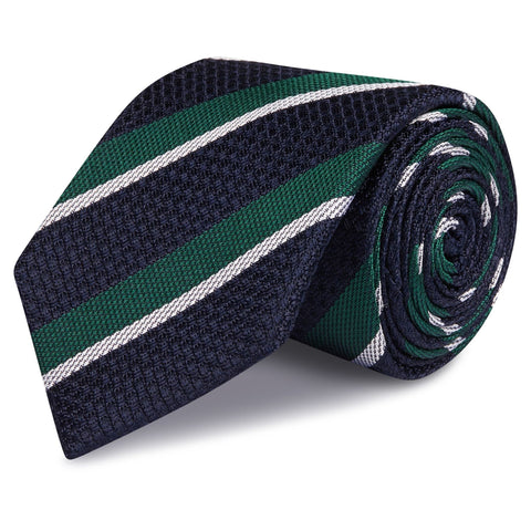 Dark Green, Navy & White Classic Club Stripe Silk Tie