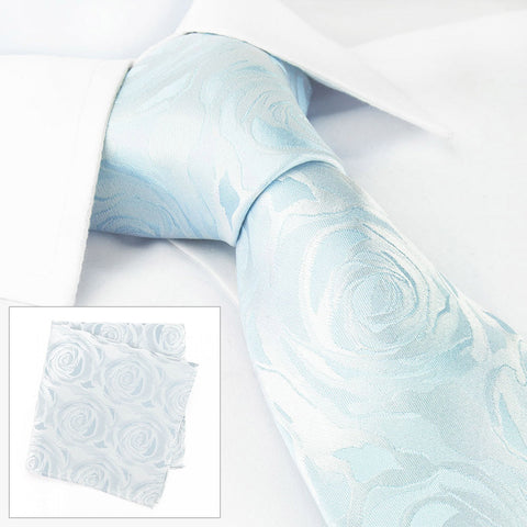 Sky Blue Rose Luxury Woven Silk Tie & Handkerchief Set