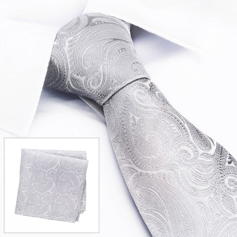 Silver Paisley Woven Silk Tie & Handkerchief Set