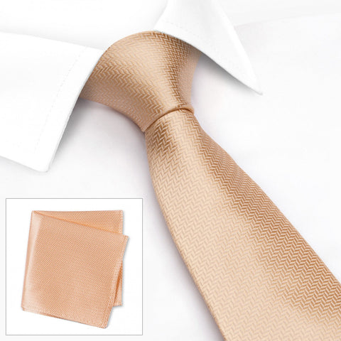 Peach Herringbone Silk Tie & Handkerchief Set