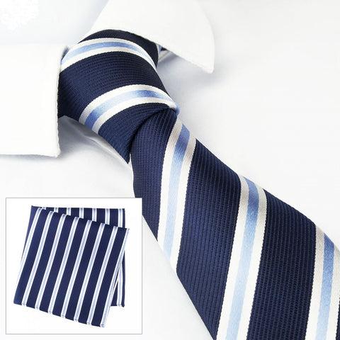 Slim Navy With Blue & White Stripes Silk Tie & Handkerchief Set