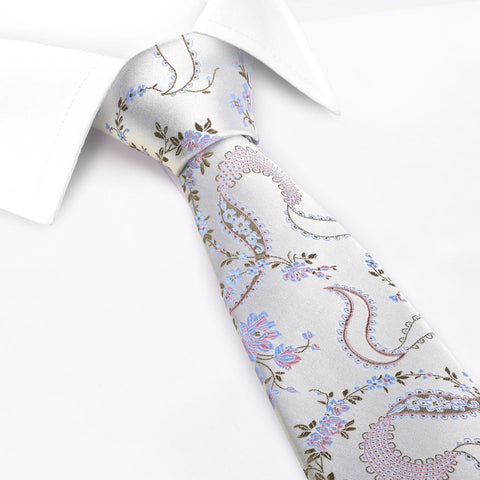 Silver & Pink Luxury Floral Silk Tie