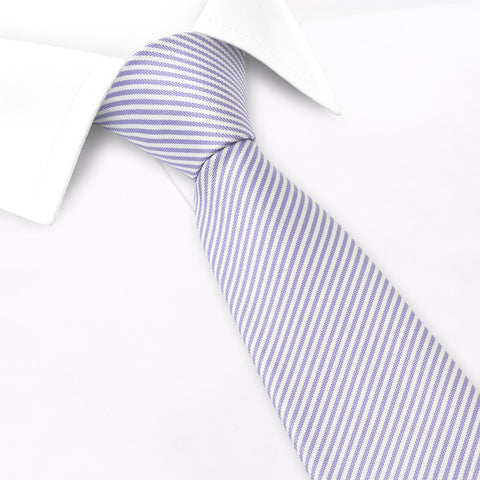 Lilac and white striped tie on a white background