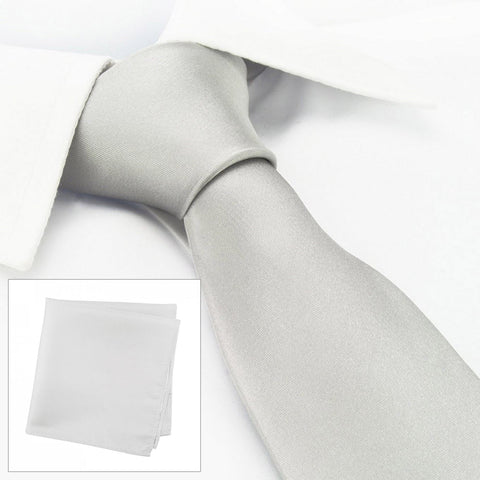 Plain Silver Silk Tie & Handkerchief Set