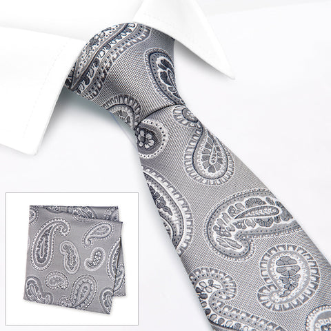 Silver Large Paisley Silk Tie & Handkerchief Set