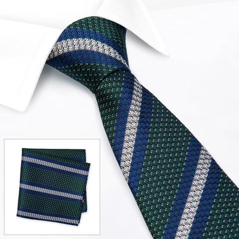 Green Textured Classic Striped Silk Tie & Handkerchief Set