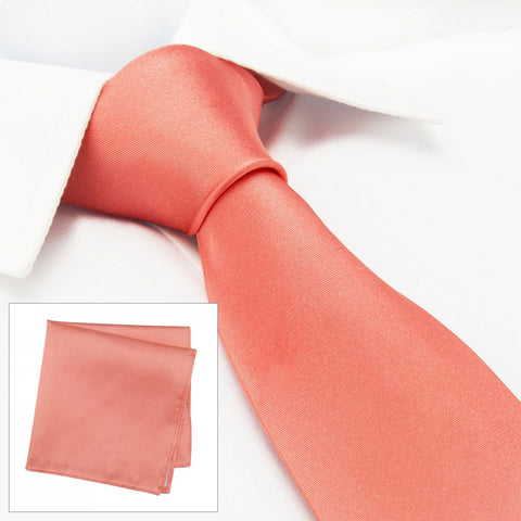 Plain Coral Silk Tie & Handkerchief Set