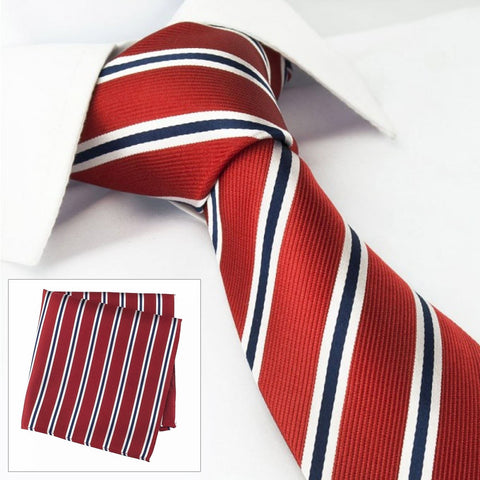 Red With White & Navy Stripes Silk Tie & Handkerchief Set