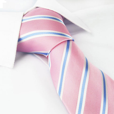 Pink Woven Silk Tie with Blue and White Stripes