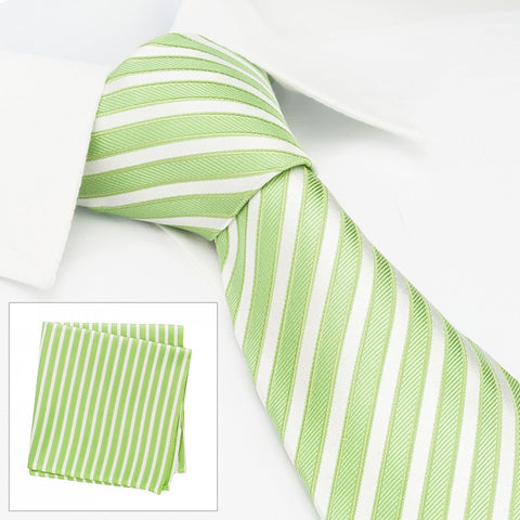 Green & White Striped Woven Silk Tie & Handkerchief Set