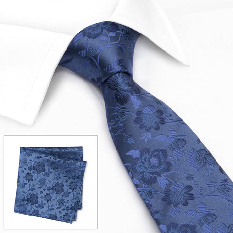 Navy Blue Floral Woven Silk Tie & Handkerchief Set