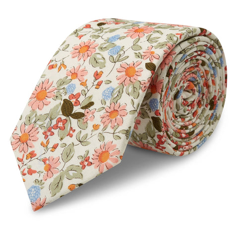 White Printed Floral Cotton Slim Tie