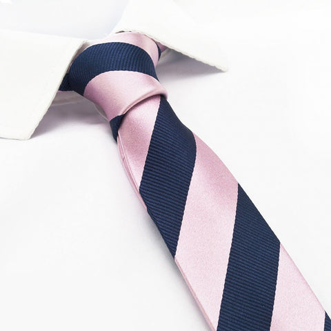 Pink & Navy Woven Striped Slim Silk Tie