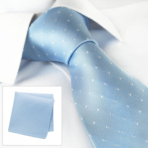 Pale Blue Polka Dot Woven Silk Tie & Handkerchief Set