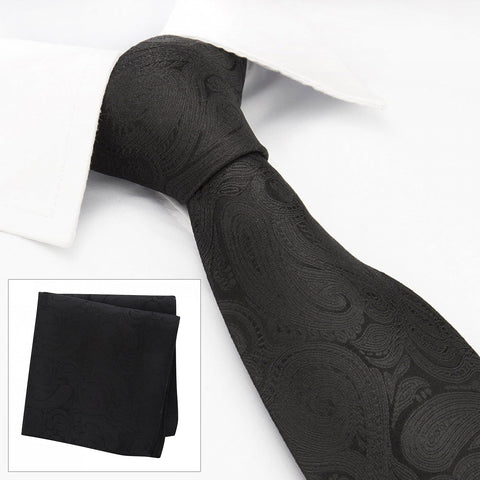 Black Paisley Woven Silk Tie & Handkerchief Set