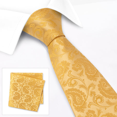 Classic Gold Paisley Silk Tie & Handkerchief Set