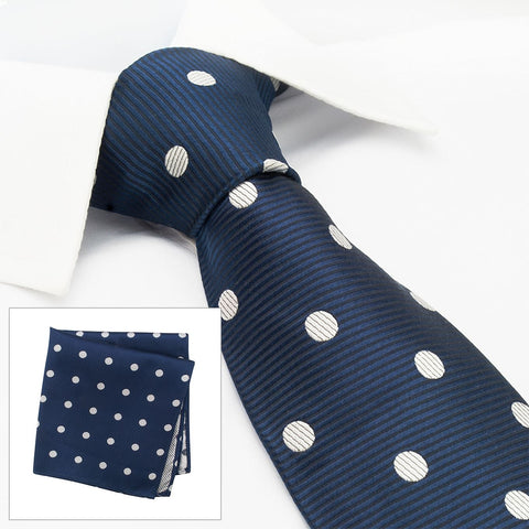 Navy Silk Tie & Handkerchief Set With White Polka Dots