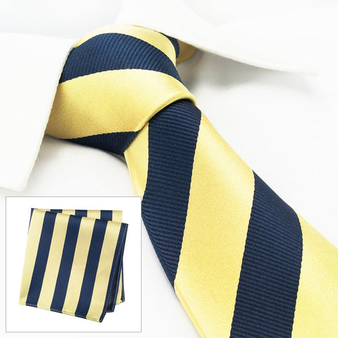 Gold & Navy Woven Striped Silk Tie & Handkerchief Set
