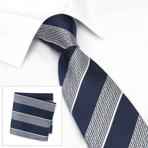 Navy & White Textured Classic Striped Silk Tie & Handkerchief Set