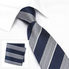 Navy & White Textured Classic Striped Silk Tie & Handkerchief Set