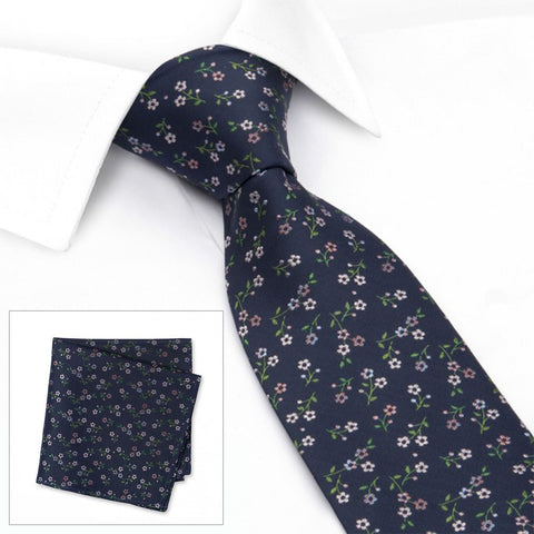 Navy & Pastel Pink Floral Woven Silk Tie & Handkerchief Set