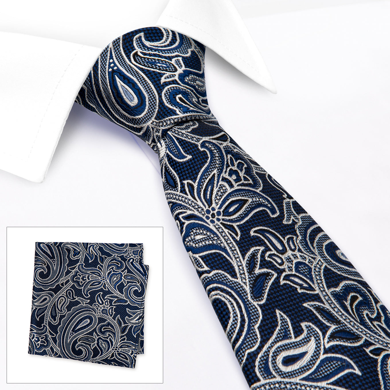 Blue Large Paisley Silk Tie Handkerchief Set