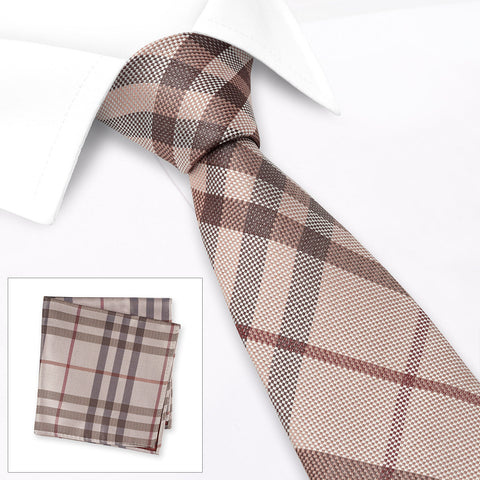 Beige & Brown Tartan Silk Woven Tie & Handkerchief Set