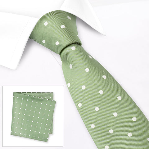 Green Polka Dot Woven Silk Tie & Handkerchief Set