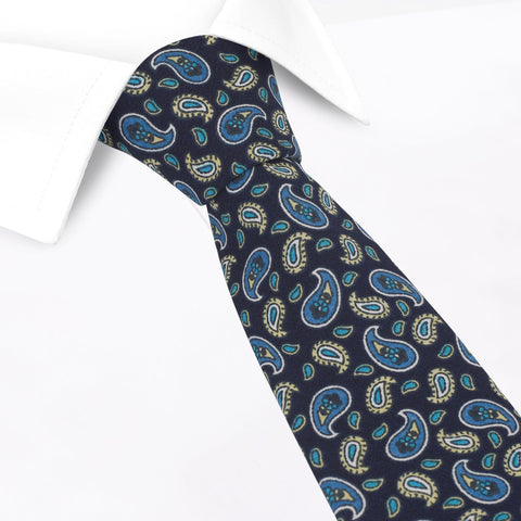 Navy Mini Paisley Printed Cotton Slim Tie