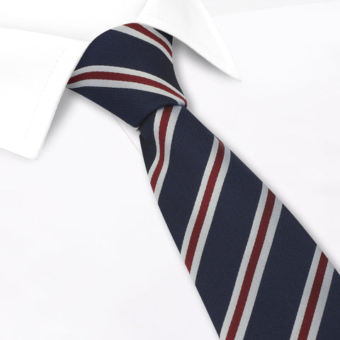 Navy Silk Tie With Burgundy And White Stripes