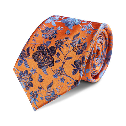 Burnt Orange & Navy Floral Woven Silk Tie