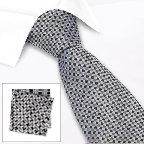 Black & Grey Diamond Gridded Silk Tie & Handkerchief Set