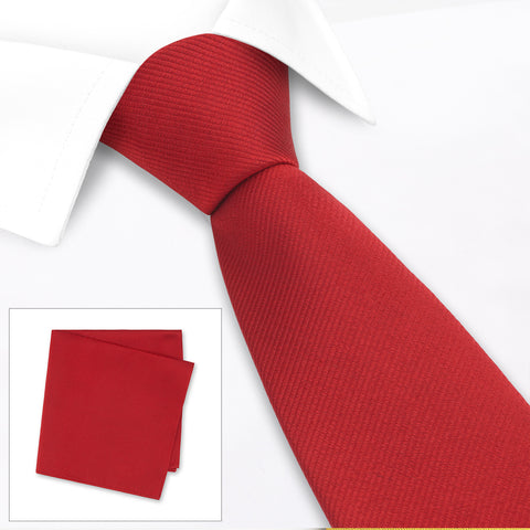 Luxury Plain Red Woven Silk Tie & Handkerchief Set