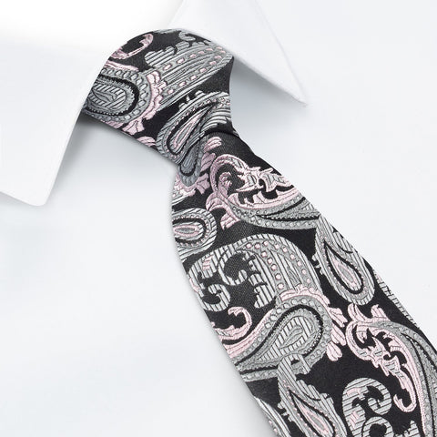 Black, Pink and Grey Luxury Paisley Silk Tie