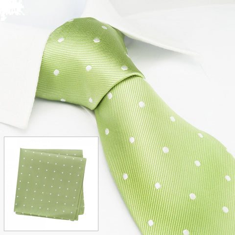 Pale Green Polka Dot Woven Silk Tie & Handkerchief Set