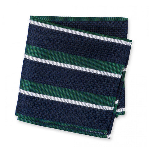 Dark Green, Navy & White Classic Club Stripe Silk Handkerchief