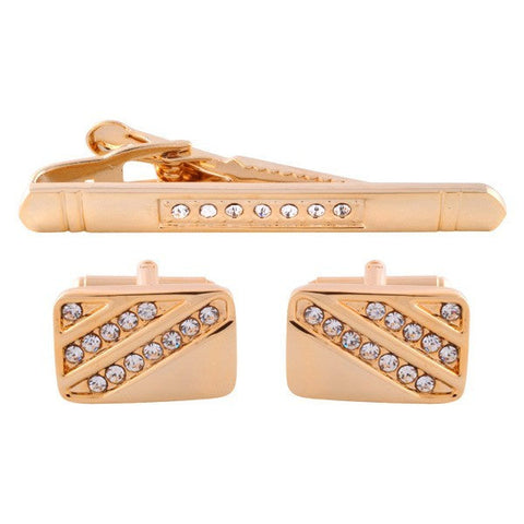 Crystal Gold Cufflinks & Tie Bar Set