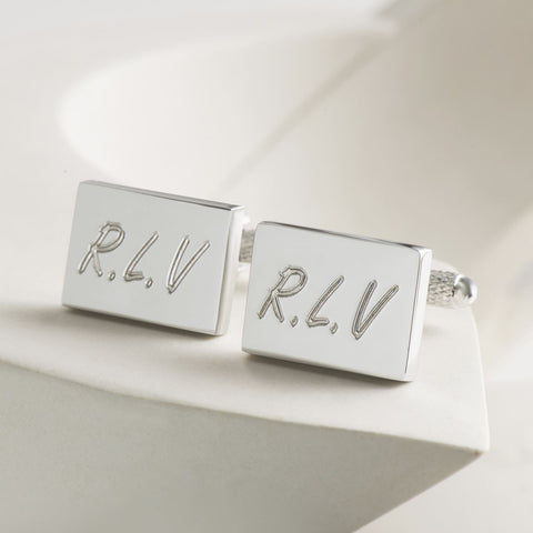 Silver Plated Rectangle Engraved Initial Cufflinks