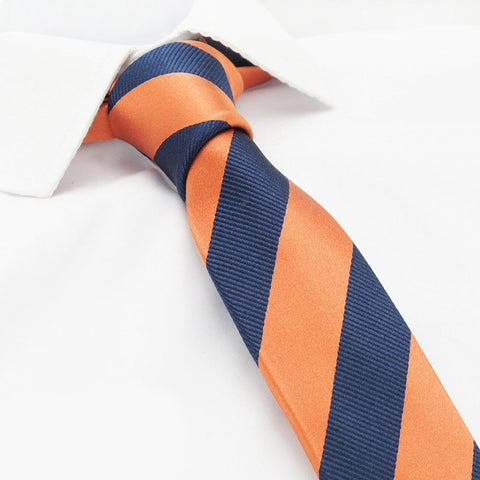 Orange & Navy Woven Striped Slim Silk Tie
