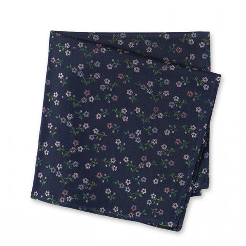 Navy & Pastel Pink Floral Woven Silk Handkerchief