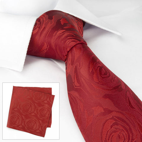 Red Rose Luxury Woven Silk Tie & Handkerchief Set