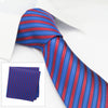 Blue & Red Striped Woven Silk Tie & Handkerchief Set