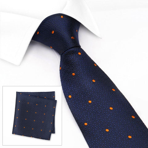 Navy & Orange Textured Spot Woven Silk Tie & Handkerchief Set