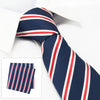 Navy Silk Tie With Red And White Stripes & Handkerchief Set