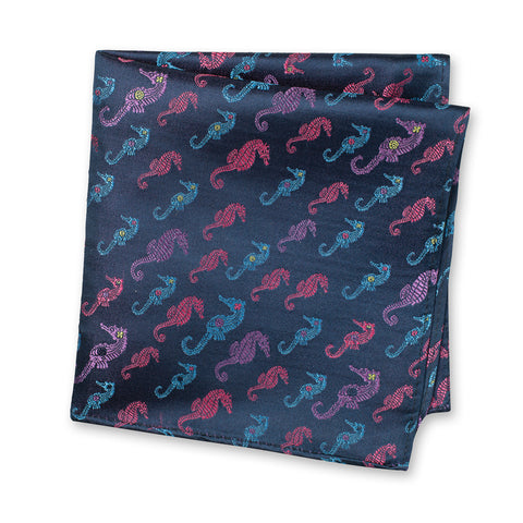 Navy Seahorse Luxury Woven Silk Handkerchief